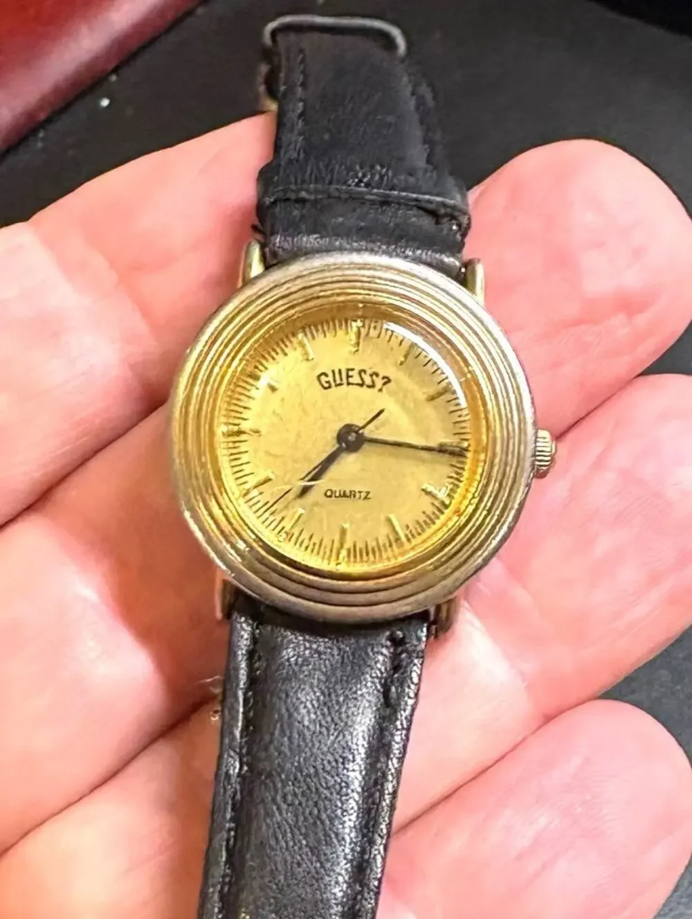 VTG Womens Guess? Watch, Gold Tone with Black Leather Band